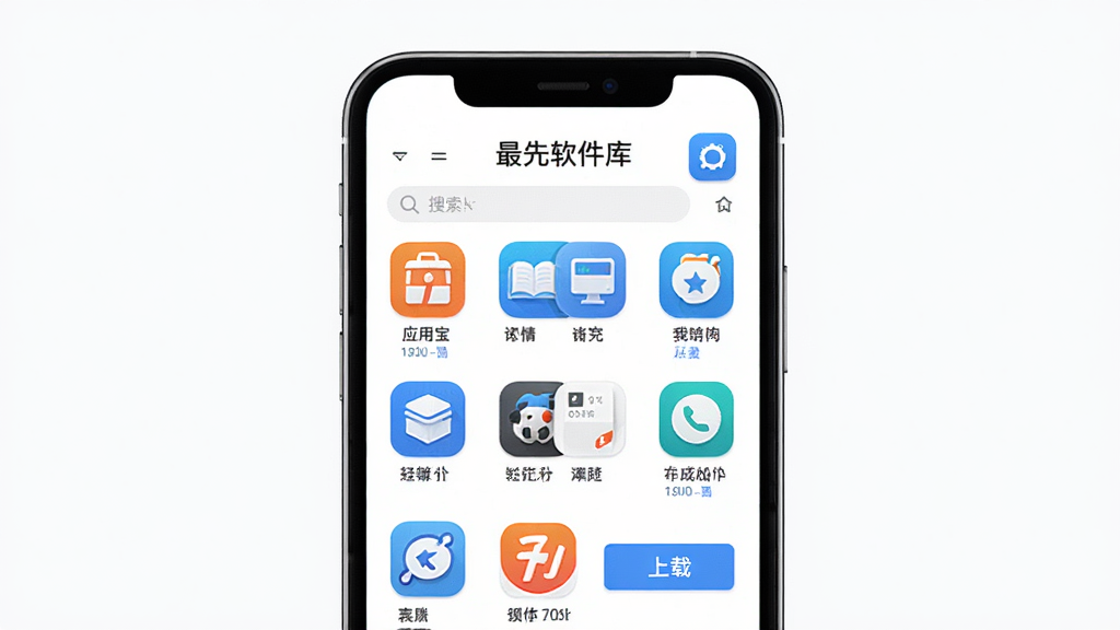 软件名称“最先软件库”居中显示,主体是一个打开的应用宝库界面,布局为手机屏幕正面展示,排版整洁有序,风格为现代科技感扁平化设计,细节包括应用图标网格、搜索栏、下载按钮,画质高清,干净,无多余元素