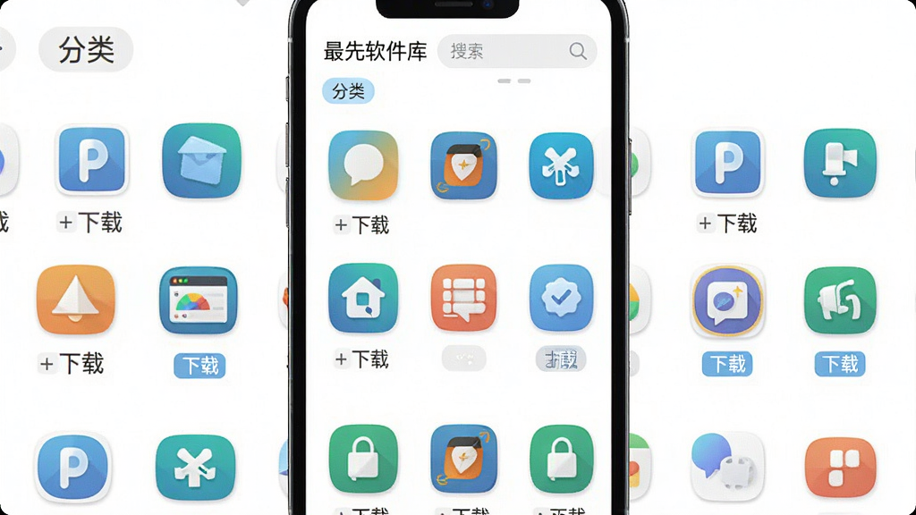 “最先软件库”软件界面展示,主体为多款应用图标排列成网格,布局为手机竖屏截图风格,排版清晰,风格为清爽明亮的扁平化UI,细节包括下载按钮、分类标签、搜索框,画质高清,干净,无多余元素