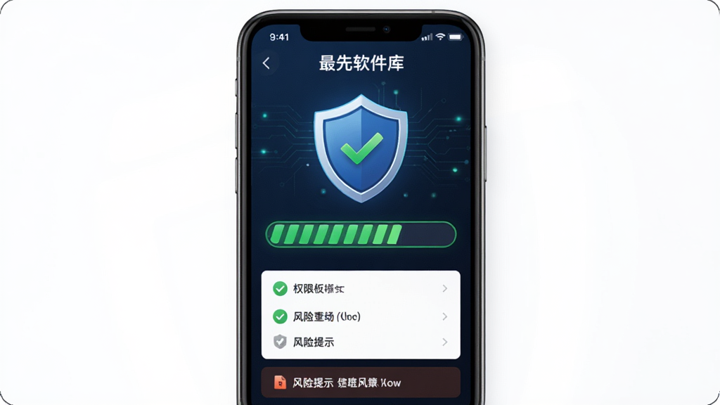 “最先软件库”安全检测功能界面,主体为盾牌图标与扫描进度条,布局为手机屏幕居中展示,排版简洁,风格为安全科技风,细节包括绿色对勾标识、权限列表、风险提示文字,画质高清,干净,无多余元素