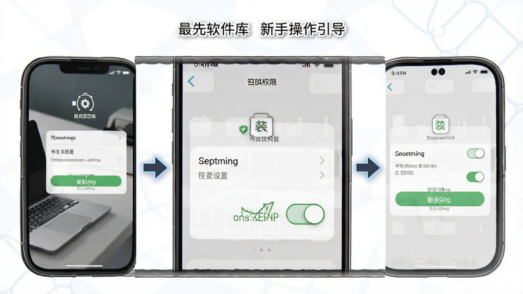 “最先软件库”新手操作引导界面,主体为手机屏幕展示安装权限设置步骤,布局为分步图解排版,风格为简洁教程风,细节包括设置菜单、开关按钮、箭头指引,画质高清,干净,无多余元素