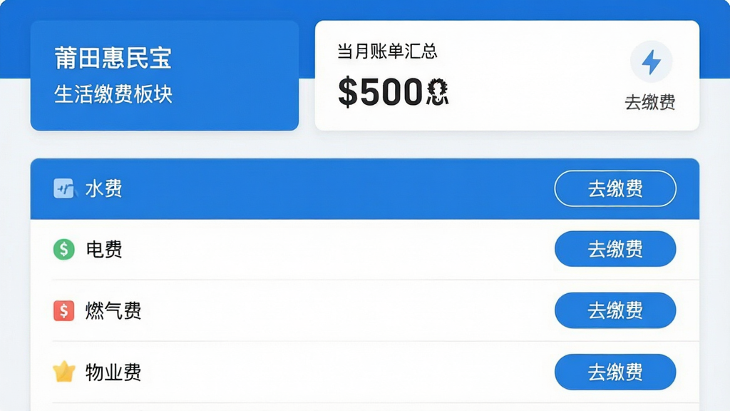 一张展示“莆田惠民宝”生活缴费板块的界面截图,屏幕内列出水费、电费、燃气费、物业费等条目,每条右侧有“去缴费”按钮,顶部有当月账单汇总卡片,整体配色为蓝白相间,布局规整,风格清爽,画质干净,无多余元素