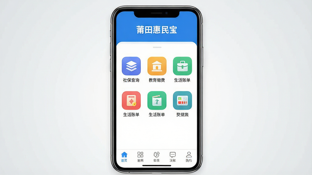 一张展示莆田惠民宝核心界面的手机预览图,画面中央是一部竖屏智能手机,屏幕内呈现蓝色主色调的应用首页,顶部显示“莆田惠民宝”文字标识,中部排列社保查询、教育缴费、生活账单等彩色功能图标,底部有导航栏,背景为浅灰色渐变,整体布局简洁整齐,风格现代清爽,细节清晰,画质干净,无多余元素