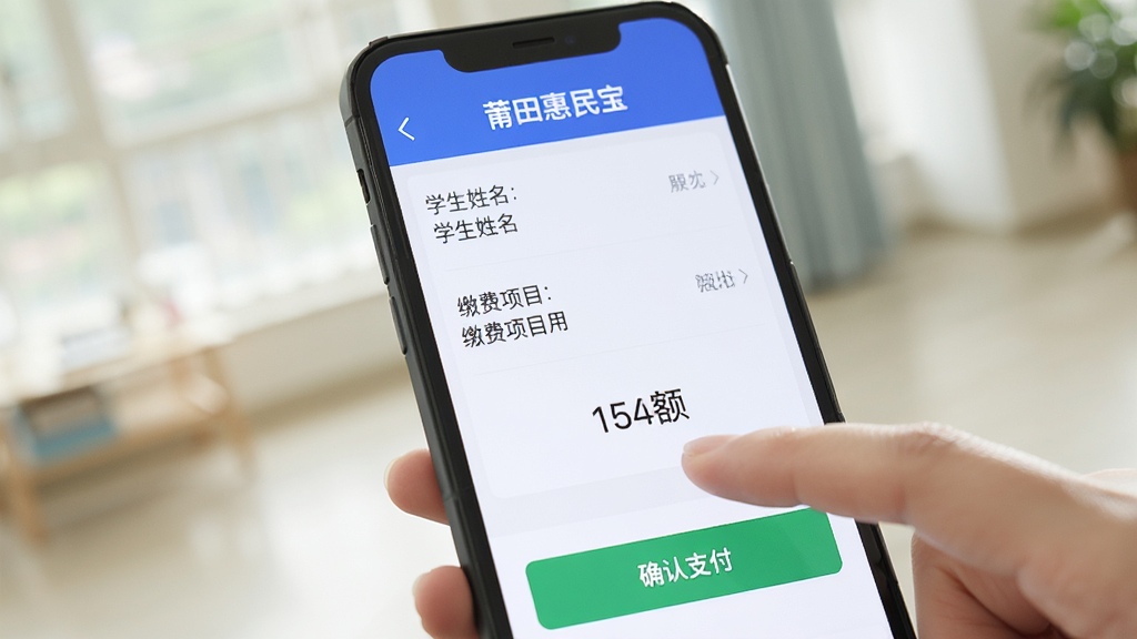 手机屏幕特写,展示“莆田惠民宝”教育缴费页面,界面中有学生姓名、缴费项目、金额数字和“确认支付”按钮,旁边有一只手正在点击屏幕,背景虚化,风格简洁明亮,画质清晰,无多余元素