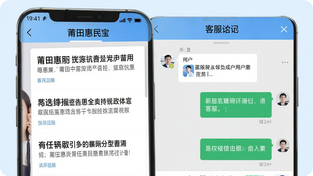 手机界面显示“莆田惠民宝”的资讯列表与客服对话框,资讯标题清晰排列,客服聊天窗口中有用户提问和客服回复气泡,背景为淡蓝色,风格商务简洁,画质干净,无多余元素