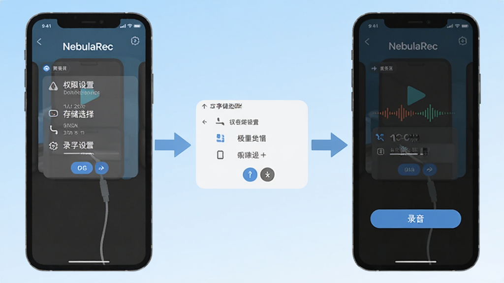 一张展示NebulaRec新手操作步骤的示意图,画面以手机屏幕截图形式呈现权限设置、存储路径选择和录音按钮操作三个步骤,用箭头串联,背景为浅蓝色渐变,风格为扁平化教程图解,画质清晰,画面干净,无多余装饰元素。