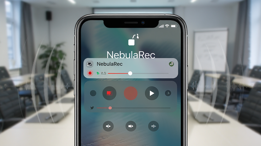 一张表现NebulaRec后台持续录制功能的示意图,画面主体是手机锁屏界面和通知栏中的录音控制条,背景是虚化的会议室或教室场景,手机屏幕显示录音进行中的红色状态标识,布局以手机为中心,周围有淡淡的声波扩散纹理,风格为写实科技风,画质高清,画面干净,无多余元素。