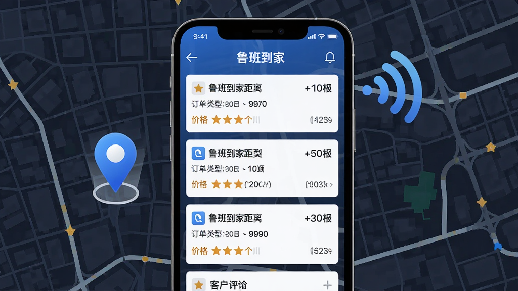 一张展示鲁班到家师傅版订单推送功能的AI生成图片,画面主体是一部手机屏幕,屏幕上显示多条订单推送通知,每条通知包含订单类型、距离、价格和客户评价等信息,手机旁边有定位图标和信号波纹装饰,背景是城市地图的简化线条,布局简洁明了,风格现代科技感,细节清晰,画质高清,干净,无多余元素
