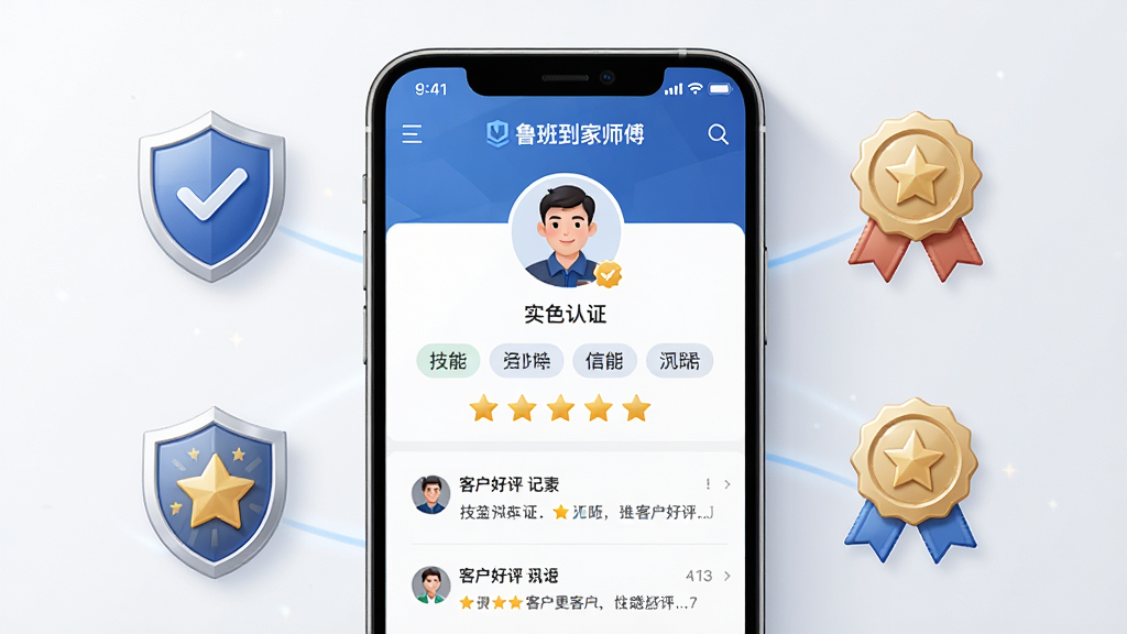 一张展示鲁班到家师傅版技能认证与信用评分页面的AI生成图片,画面中央是手机屏幕,屏幕上显示师傅的个人主页,包含实名认证标识、技能标签、五星评分和客户好评记录,手机周围有盾牌、奖章等象征信用与安全的图标,布局整齐,风格专业可靠,细节清晰,画质高清,干净,无多余元素