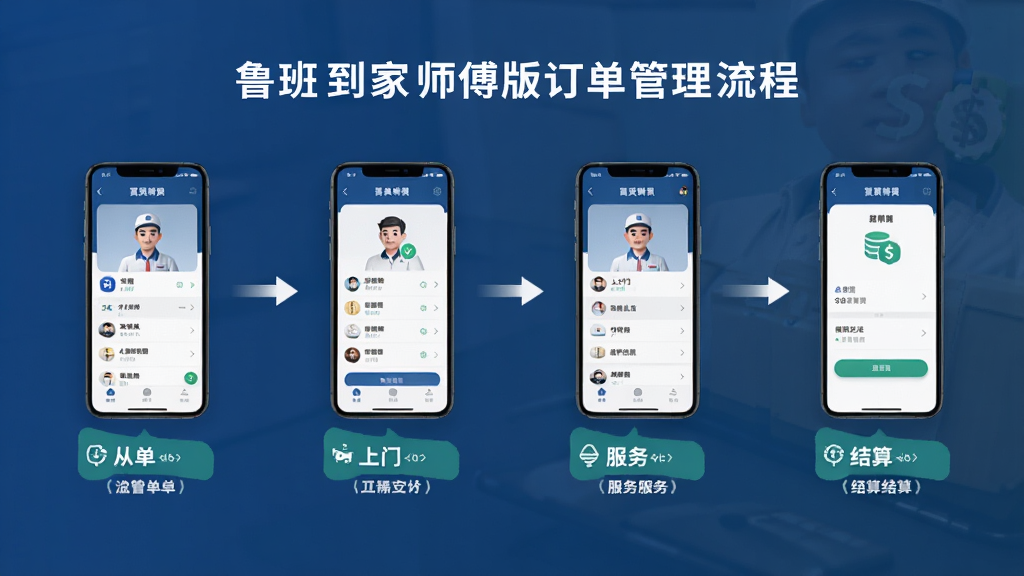 一张展示鲁班到家师傅版订单管理流程的AI生成图片,画面以流程图形式展示从抢单、上门、服务到结算的完整环节,每个环节配有对应的手机界面截图和图标,整体布局从左到右依次排列,风格简洁商务,细节清晰,画质高清,干净,无多余元素