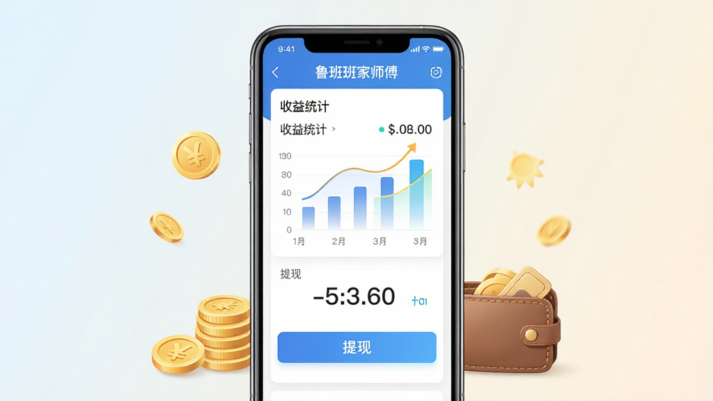 一张展示鲁班到家师傅版收益账单与提现页面的AI生成图片,画面中央是手机屏幕,屏幕上显示收益统计图表和提现按钮,数字清晰可见,手机旁边有金币和钱包图标点缀,背景是柔和的浅色渐变,布局简洁,风格清新明快,细节清晰,画质高清,干净,无多余元素