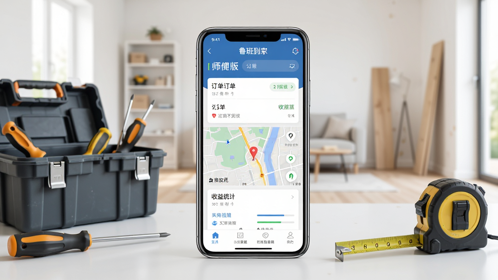 一张展示鲁班到家师傅版手机应用主界面的详细图片,画面中央是一部智能手机,手机屏幕上显示鲁班到家师傅版应用首页,包含订单列表、地图导航、收益统计等功能模块,手机周围散落着工具箱、螺丝刀、卷尺等安装维修工具,背景是明亮的家居装修场景,整体布局居中对称,风格写实商务,细节清晰,画质高清,干净,无多余元素