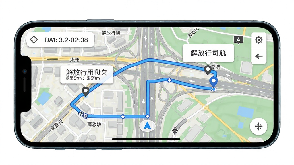 手机横屏展示解放行司机版行车轨迹地图界面,地图上有蓝色轨迹线、起点终点标记与里程数据浮层,背景为城市道路与高速公路交织的俯视图,风格为地图导航风,细节包含清晰的道路名称、方向箭头、时间戳,画质高清干净无多余元素
