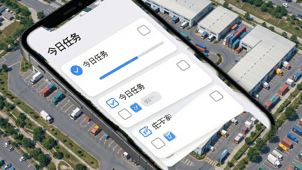 手机屏幕展示解放行司机版任务列表页面,页面中有多个任务卡片、勾选框与进度条,背景为物流园区俯视图,风格为扁平化商务风,细节包含蓝色勾选图标、灰色分隔线、清晰文字“今日任务”,画质高清干净无多余元素