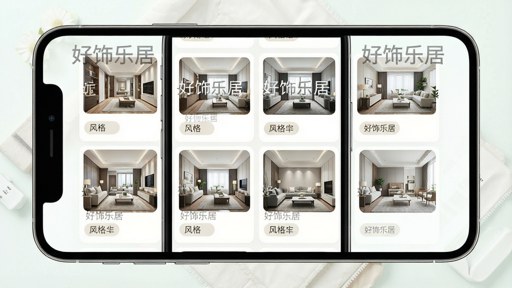 一张好饰乐居全屋定制案例库的界面展示图,主体是手机屏幕中排列整齐的装修案例卡片,布局为网格状双列排版,风格为清新浅色系UI设计,细节包括每张卡片上的“好饰乐居”水印、风格标签和缩略图,画质高清,干净,无多余元素
