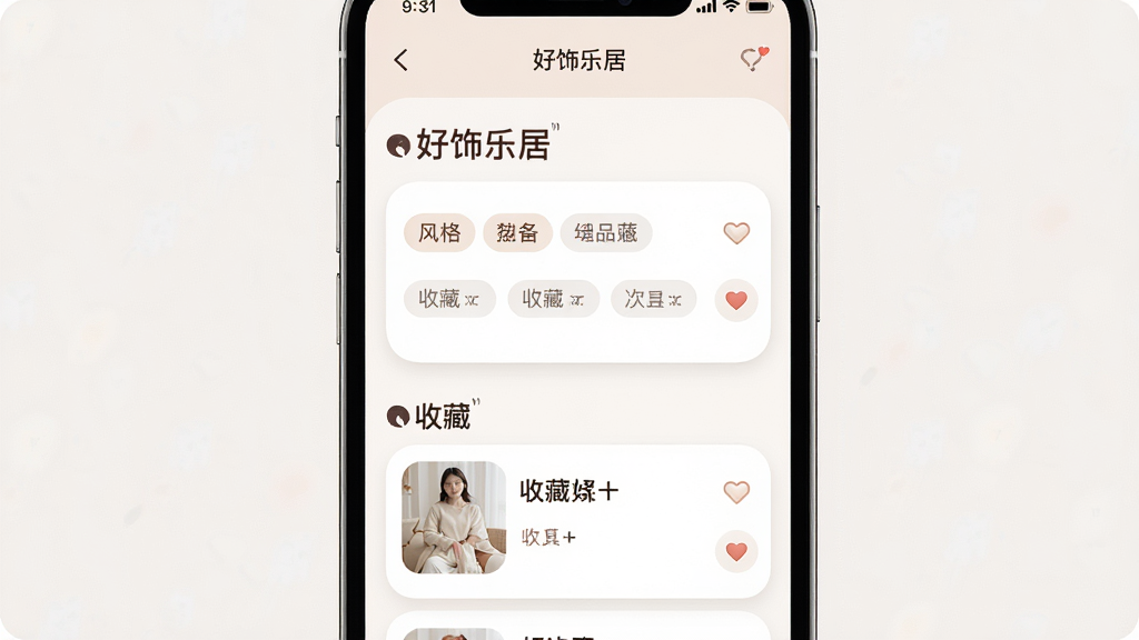 一张好饰乐居风格测试与灵感收藏功能的界面图,主体是手机屏幕展示风格测试结果页和收藏夹列表,布局为上下分栏,风格为柔和圆角卡片设计,细节包括“好饰乐居”字样、风格标签和收藏心形图标,画质高清,干净,无多余元素