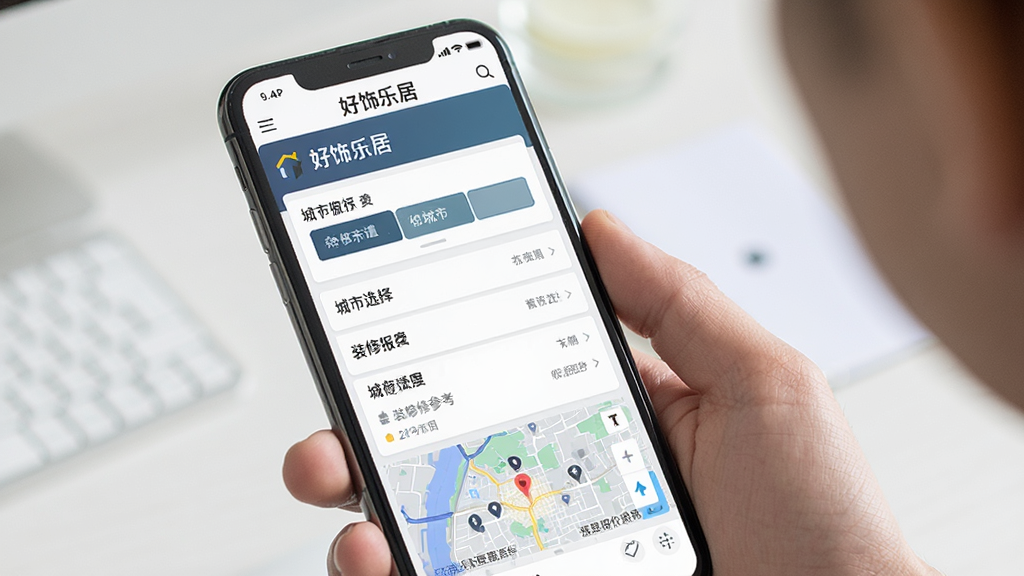 一张好饰乐居本地化装修服务参考页面的场景图,主体是手机屏幕显示城市选择与装修报价参考信息,布局为列表加地图缩略图,风格为简约商务风,细节包括“好饰乐居”APP顶部导航和城市名称文字,画质高清,干净,无多余元素