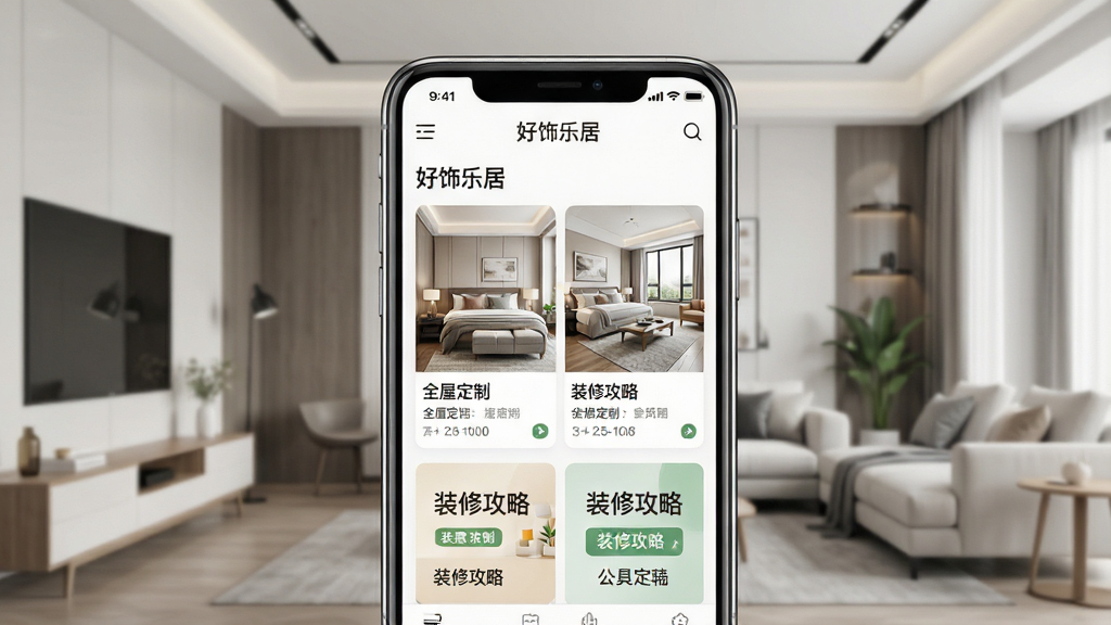 一张展示好饰乐居手机应用界面的场景图,主体是一部竖屏智能手机,屏幕中显示好饰乐居APP的首页,包含全屋定制案例卡片和装修攻略入口,布局为手机居中、背景为现代简约家居环境,排版干净整齐,风格为写实产品展示风,细节包括手机边框高光、屏幕内文字如“好饰乐居”“全屋定制”“装修攻略”清晰可见,画质高清,干净,无多余元素