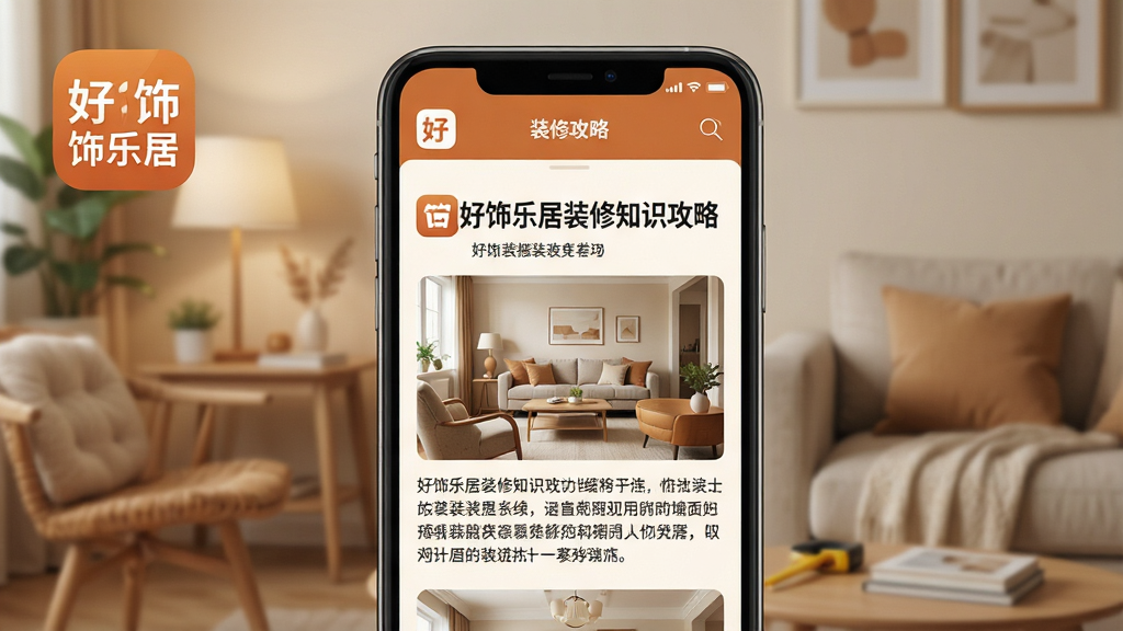 一张好饰乐居装修知识攻略页面的场景图,主体是手机屏幕显示图文并茂的装修教程文章,布局为标题加正文配图,风格为温暖家居色调,细节包括“好饰乐居”APP图标和“装修攻略”栏目文字,画质高清,干净,无多余元素