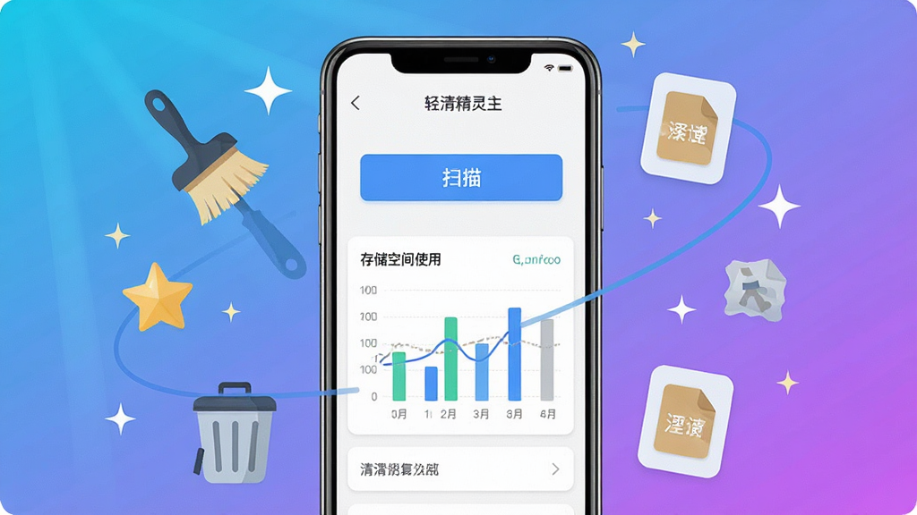 一张展示轻清精灵软件主界面的图片,画面中央是手机屏幕,屏幕上显示轻清精灵的清理主界面,有扫描按钮和存储空间使用情况图表,周围环绕着清理刷子、垃圾桶图标和闪亮的星星元素,布局简洁清晰,风格为扁平化科技感,细节包括手机边框、渐变背景和悬浮的垃圾文件图标,画质高清,画面干净,无多余元素
