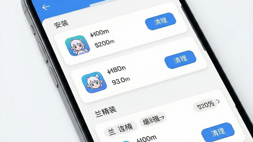 轻清精灵应用管理界面展示图,主体为手机屏幕显示已安装应用列表和各自的缓存大小,布局为列表式排版,风格为清爽卡片式设计,细节包括应用图标、缓存数值、清理按钮和分类标签,画质清晰,画面干净无多余装饰