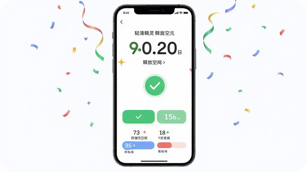 轻清精灵一键清理完成界面图,主体为手机屏幕显示清理完成后的释放空间数值和庆祝动画,布局为上下结构,上方是数字展示下方是功能按钮,风格为清新简约风,细节包括绿色对勾图标、飘落的彩带和存储空间对比条,画质高清,画面干净整洁