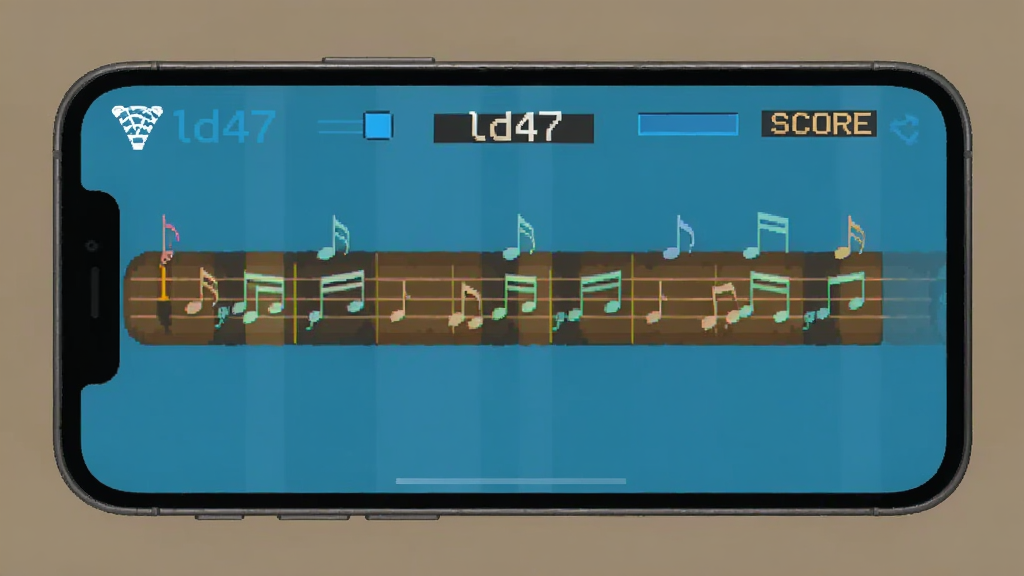 ld47离线模式界面,手机显示无网络图标但游戏正常运行,屏幕上有音符轨道和得分显示,背景为纯色,风格简约,画质清晰干净