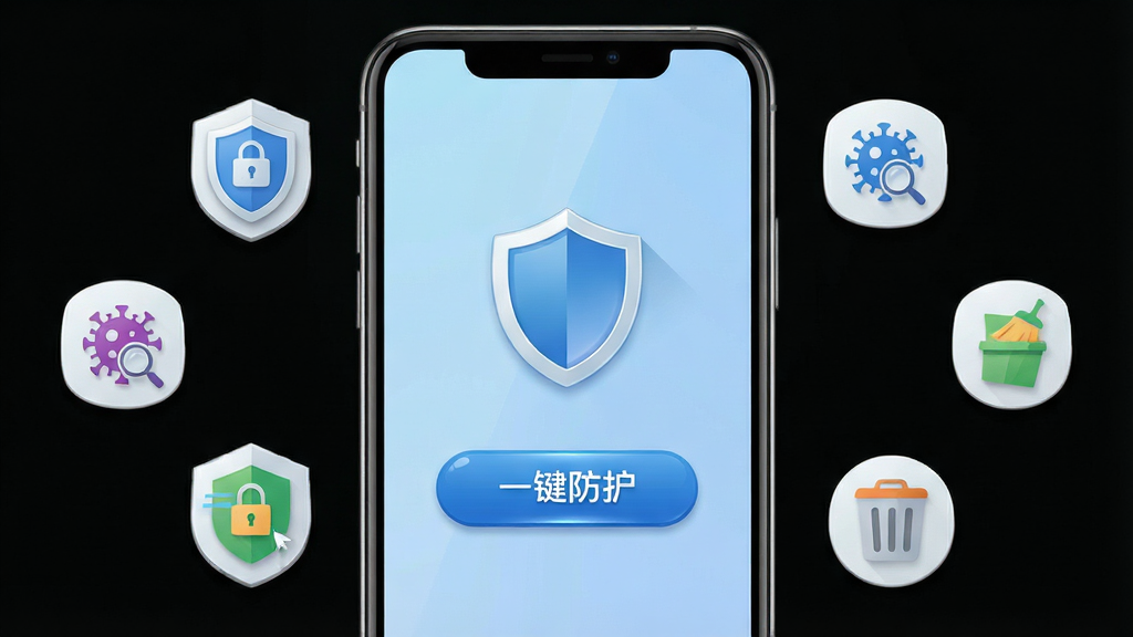 一张手机屏幕正中央显示手机管家-一键防护应用主界面,界面上有盾牌图标和“一键防护”按钮,背景为浅蓝色渐变,周围环绕着安全盾牌、病毒扫描图标、清理垃圾图标等元素,整体布局简洁清晰,风格为扁平化科技风,细节包括手机边框、按钮高光、图标阴影,画质高清,干净,无多余元素