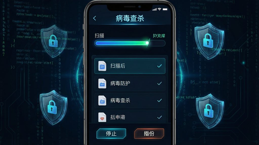 手机管家-一键防护的病毒查杀功能界面,屏幕中央显示扫描进度条和正在扫描的文件列表,顶部有“病毒查杀”标题,底部有停止和暂停按钮,背景为深色科技感界面,周围有代码流和盾牌图标,风格为赛博安全风,细节包括发光效果、进度条动画、文件图标,画质高清,干净,无多余元素