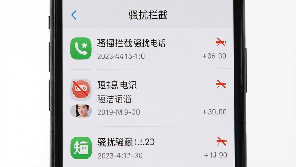 手机管家-一键防护的骚扰拦截界面,屏幕显示拦截记录列表,包含多条被拦截的骚扰电话和短信,每条记录旁有红色拦截标识,顶部有“骚扰拦截”标题,背景为浅灰色,风格为简洁实用风,细节包括列表分隔线、图标颜色、时间戳,画质高清,干净,无多余元素
