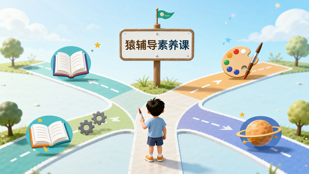一幅描绘个性化学习路径的AI生图,主体是一个孩子站在分岔路口,每条路上有不同学科的图标如书本、齿轮、调色板、星球,路口中央有“猿辅导素养课”的标识牌,布局开阔,风格清新明快,细节丰富,画质高清,干净无多余元素