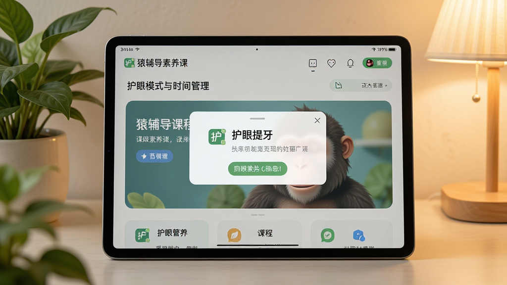 一张展示“猿辅导素养课”护眼模式与时间管理功能的界面截图风格图片,主体是平板屏幕显示课程页面和护眼提示弹窗,周围有绿色植物和柔和灯光,布局居中,风格温馨舒适,细节清晰,画质高清,干净无多余元素