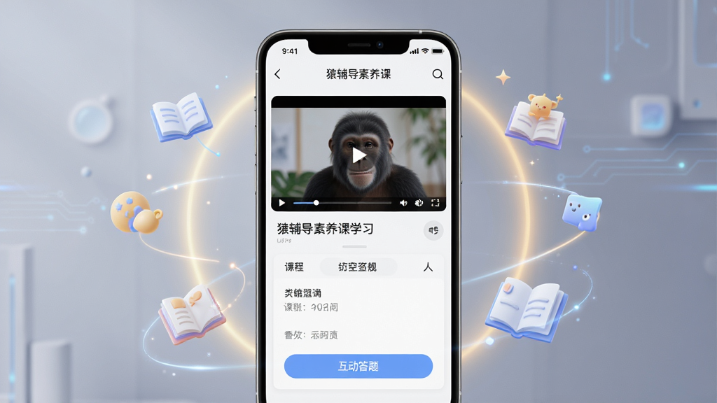 一幅展示“猿辅导素养课”在手机端运行流畅界面的AI生图,主体是一部智能手机竖屏显示课程学习页面,页面中有视频播放窗口和互动答题区域,手机周围有柔和的光晕和抽象的学习图标,布局简洁居中,风格现代科技感,细节清晰,画质高清,干净无多余元素