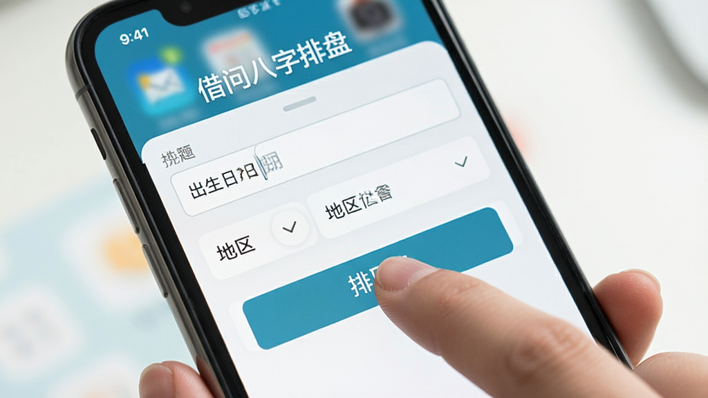 一张展示借问八字排盘软件在手机上运行时的操作界面,画面中用户手指正在点击排盘按钮,界面显示出生日期输入框和地区选择栏,软件名称“借问八字排盘”在顶部清晰可见,背景为手机桌面,风格清新浅色,细节丰富,画质清晰,干净无多余元素