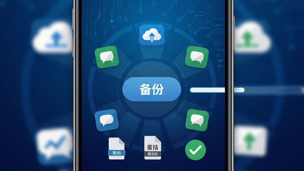 手机屏幕展示短信备份速查应用的一键备份界面,画面中央有一个醒目的备份按钮,周围环绕着短信图标和进度条,背景为深蓝色科技感渐变,主体突出备份功能,布局采用放射状构图,排版简洁明了,风格为现代扁平化设计,细节包含云存储图标、文件格式标识和完成打勾标记,画质高清,干净,无多余元素