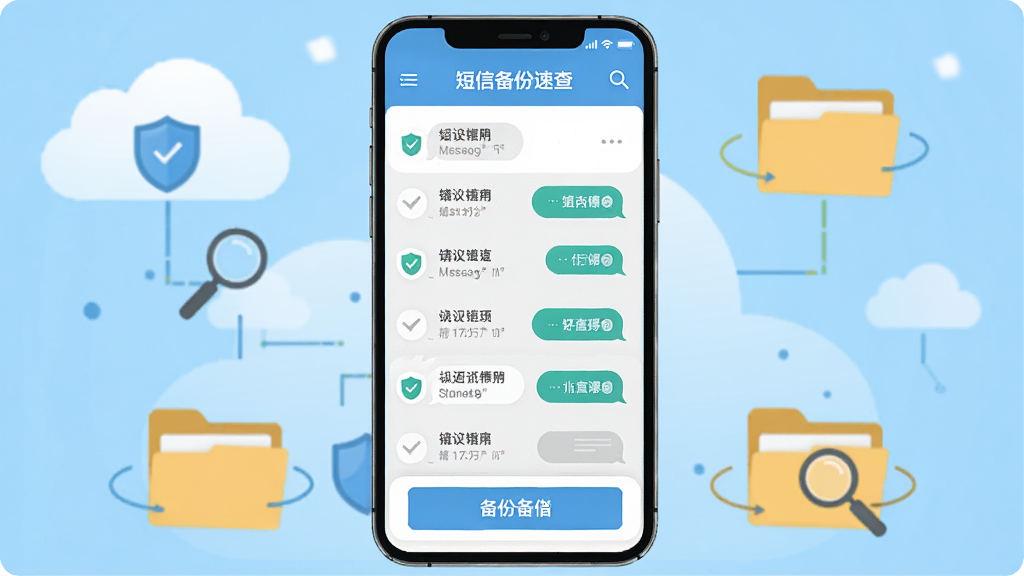 一部智能手机屏幕显示短信备份速查应用界面,界面中整齐排列着短信列表和备份按钮,背景为浅蓝色渐变,手机周围环绕着云朵和文件夹图标象征数据存储,主体位于画面中央,布局采用居中构图,排版清晰展示应用功能按钮,风格为扁平化科技插画,细节包含短信气泡、盾牌安全图标和放大镜搜索元素,画质高清,干净,无多余元素