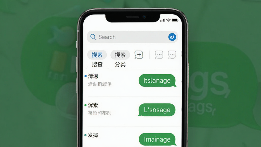 短信备份速查应用内搜索界面,手机屏幕显示搜索框和筛选条件选项,下方展示按分类排列的短信列表,背景为白色简洁风格,主体位于画面中央偏上,布局采用上下结构,排版清晰展示搜索和分类功能,风格为清新简约的UI设计,细节包含放大镜图标、标签分类和短信气泡,画质高清,干净,无多余元素