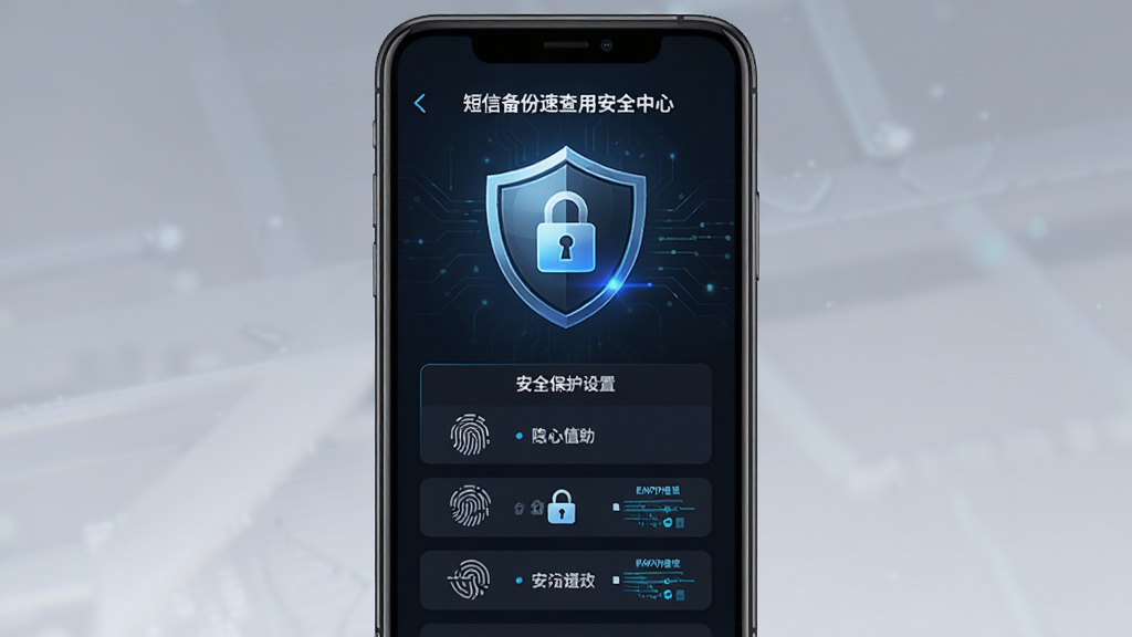 短信备份速查应用安全中心界面,手机屏幕显示盾牌图标和加密锁标识,背景为深色安全主题,主体突出隐私保护功能,布局采用居中构图,排版简洁展示安全设置选项,风格为科技安全风格,细节包含指纹识别图标、密码锁和加密数据流,画质高清,干净,无多余元素