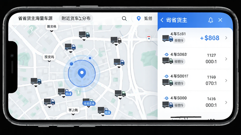 省省货主海量车源界面,手机屏幕显示附近货车分布地图,一个个小卡车图标散布在城市道路网络中,侧边栏弹出司机报价列表,画面以白色和蓝色为主色调,布局强调信息可视化,风格现代简约,细节包含定位光圈与车辆标签,画质清晰明亮,无杂乱元素