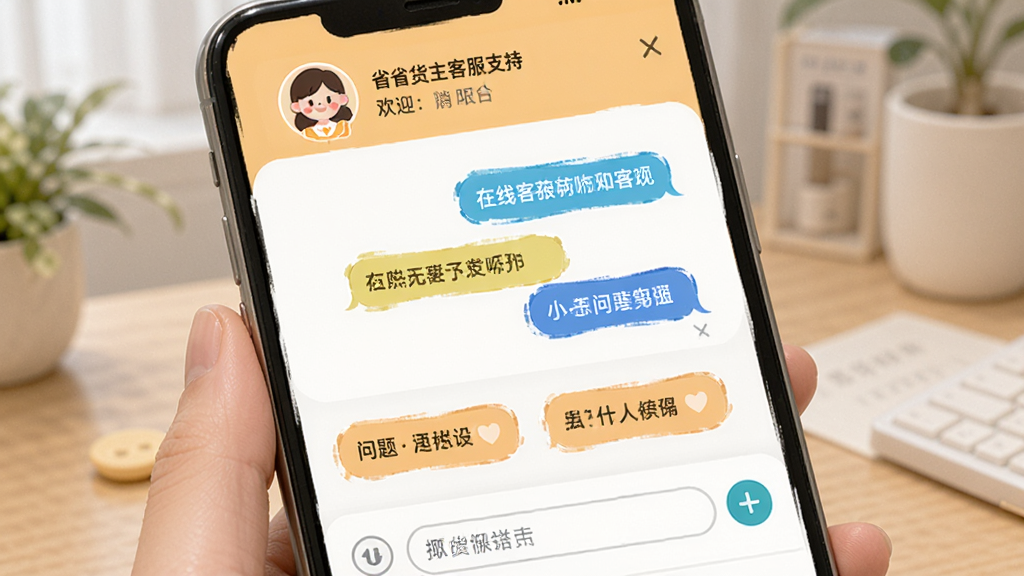 省省货主客服支持页面,手机屏幕显示在线客服对话窗口与常见问题列表,顶部有客服头像与欢迎语,下方排列多个问题分类按钮,整体布局清晰有序,风格温馨友好,细节包含聊天气泡与输入框,画质明亮干净,无杂乱背景