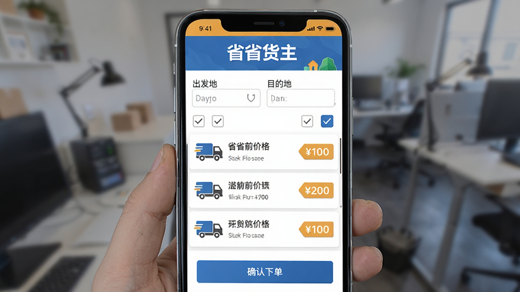 省省货主智能比价下单页面,手机屏幕中央显示出发地与目的地输入框,下方列出三条不同价格的运输方案,每条方案配有小型货车图标和价格标签,顶部有省省货主品牌色横幅,布局层次分明,风格清爽商务,细节包含勾选按钮与确认下单按钮,画质高清干净,无多余装饰