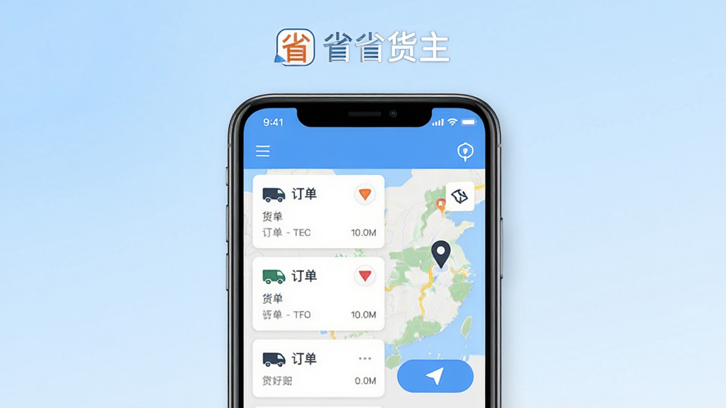 省省货主APP主界面展示,画面中央是一部智能手机,屏幕内呈现货运订单列表与地图定位界面,上方有省省货主文字标识,背景为浅蓝色渐变,整体布局简洁清晰,风格为扁平化UI设计,细节包含订单卡片、车辆图标、导航按钮,画质高清干净,无多余元素