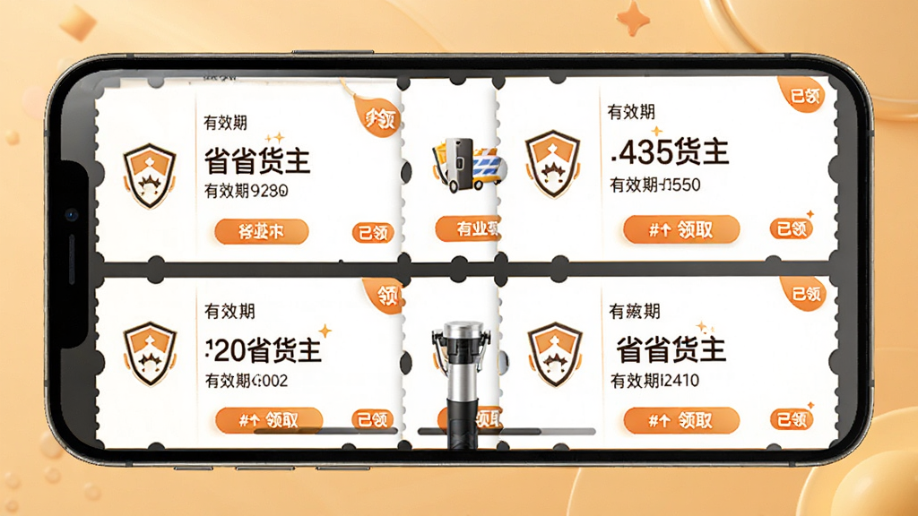 省省货主优惠券领取中心,手机屏幕以卡片式排列展示多张不同面额的运费优惠券,每张券带有省省货主标识与有效期信息,背景为柔和暖色调,布局整齐美观,风格促销感强,细节包含领取按钮与已领标记,画质高清干净,无多余装饰元素