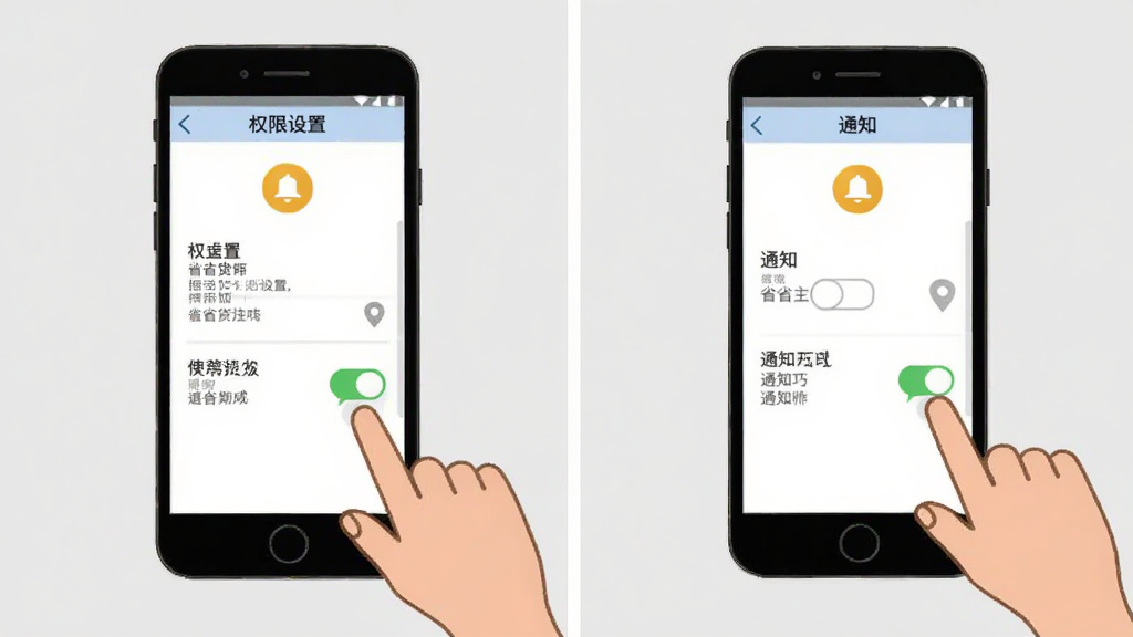省省货主使用技巧示意图,手机屏幕展示权限设置页面与通知开关,旁边有手指点击操作的示意手势,背景为浅灰色,布局左右分栏,风格教程类插图,细节包含定位图标与铃铛图标,画质清晰干净,无多余元素