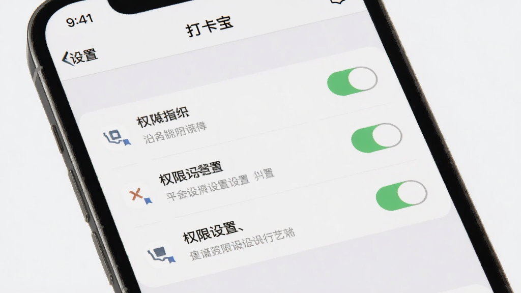 软件名称打卡宝,主体是手机屏幕展示权限设置界面,布局为设置选项列表,排版清晰,风格为淡雅灰色极简风,细节包含开关按钮、权限图标、说明文字,画质高清干净无多余元素