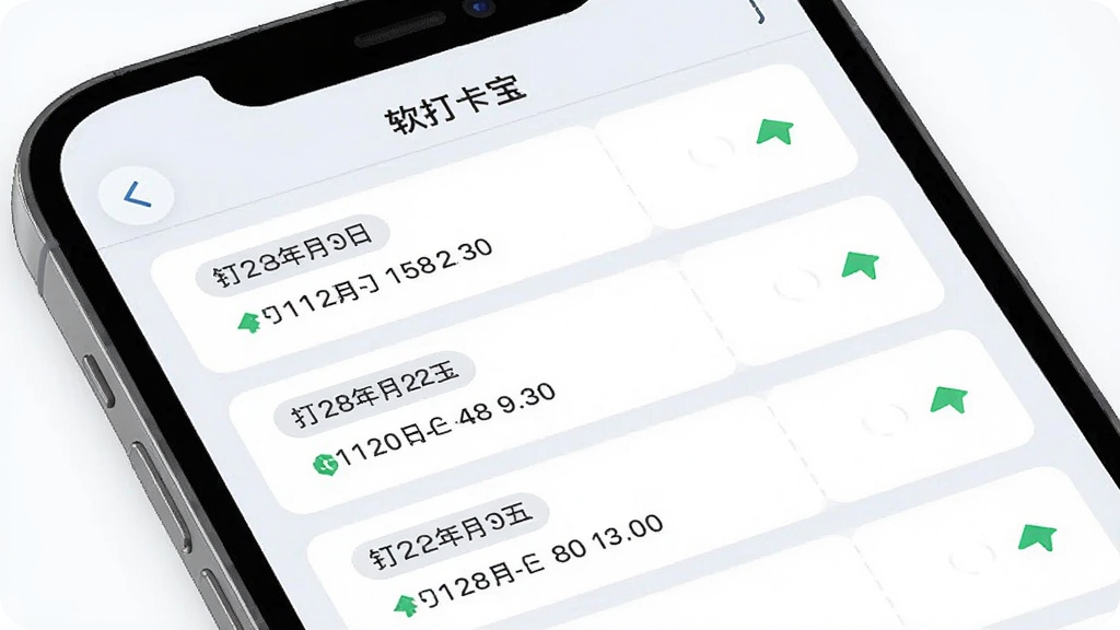 软件名称打卡宝,主体是手机屏幕显示打卡记录列表,布局为纵向排列的打卡条目,排版整齐,风格为清爽浅色商务风,细节包含日期标签、时间戳、状态图标,画质高清干净无多余元素
