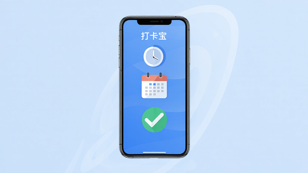 软件名称打卡宝,主体是一部智能手机屏幕显示打卡成功界面,布局为手机居中放置,背景为浅蓝色渐变,排版简洁,风格为扁平化商务科技风,细节包含时钟图标、日历元素、对勾标记,画质高清干净无多余元素