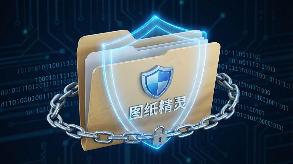 一张展示数据安全概念的图片,主体是一个带有盾牌图标的文件夹,文件夹上写着“图纸精灵”,盾牌发出蓝色的光芒笼罩着文件夹,布局为居中特写,排版简洁,风格为现代安全科技风,细节上文件夹周围有锁链和二进制代码环绕,画质为高清,干净,无多余元素
