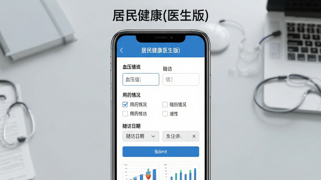 居民健康(医生版)慢病随访功能界面图,画面中央为手机屏幕特写,屏幕上显示高血压随访记录表单,包含血压值输入框、用药情况勾选项、随访日期选择器,屏幕上方有居民健康(医生版)文字标识,背景为浅灰色医疗办公桌面,布局为居中展示,风格为写实科技风,细节包含清晰的表单字段、蓝色提交按钮、数据图表缩略图,画质高清、干净、无多余元素