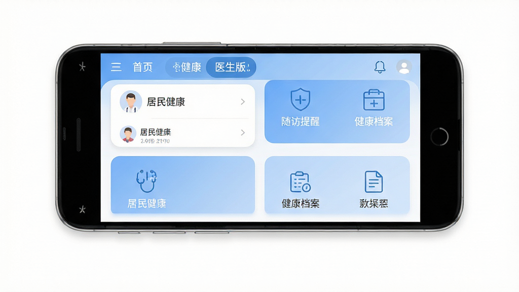 居民健康(医生版)软件主界面展示图,画面中央为一部安卓手机,手机屏幕上显示居民健康(医生版)的首页界面,包含居民列表、随访提醒、健康档案等模块图标,背景为干净的纯白色医疗风格,整体布局简洁清晰,排版为上下结构,风格为现代扁平化UI设计,细节包含柔和的蓝色主色调、圆角卡片、图标线条细腻,画质高清、干净、无多余元素