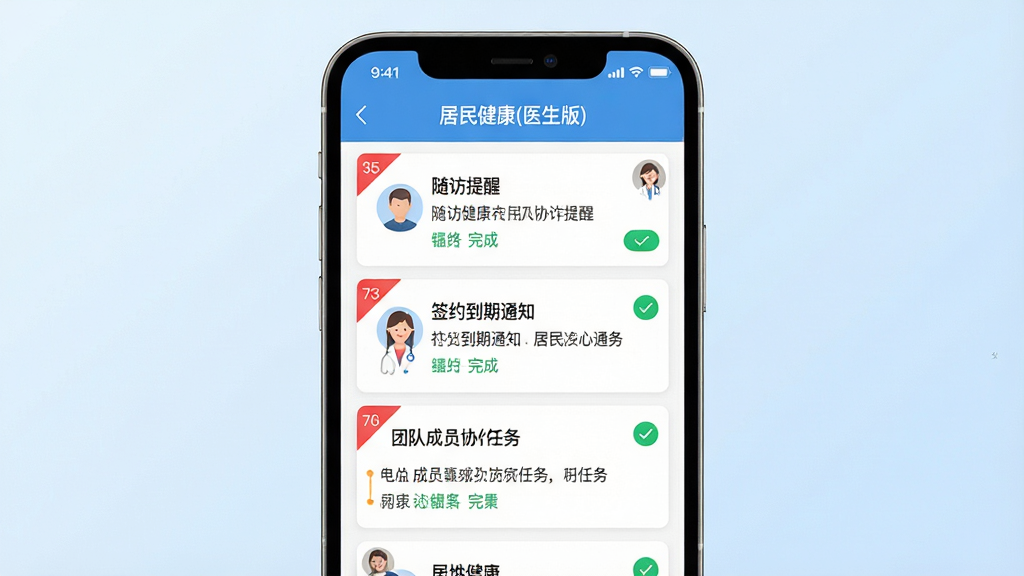 居民健康(医生版)消息提醒与团队协作界面图,画面中央为手机屏幕,屏幕上显示消息列表,包含随访提醒、签约到期通知、团队成员协作任务卡片,屏幕顶部有居民健康(医生版)字样,背景为淡蓝色渐变,布局为上下排列,风格为清新商务风,细节包含红色角标、绿色完成标记、头像图标,画质高清、干净、无多余元素